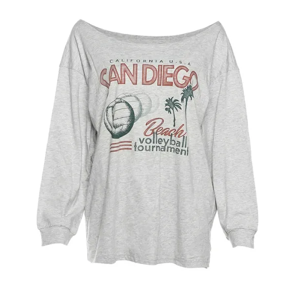 Design San Diego Beach Volleyball Tournament Off-Shoulder Long Sleeve Tee Gray T-Shirts - 1