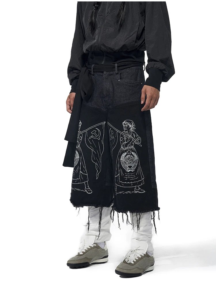 Design Fourth3ex Soviet Propaganda Print Wide-Leg Denim Pants Black Jeans - 9