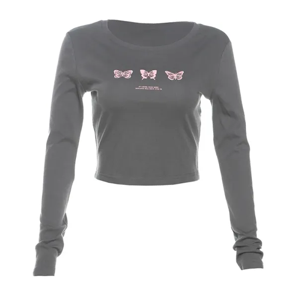 Design Butterfly Print Cropped Long Sleeve Top Gray - 1