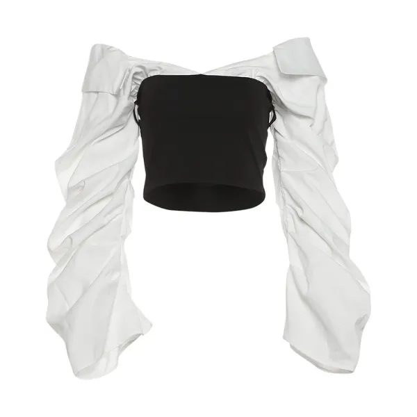 Design Ruched Sleeve Off-Shoulder Crop Top Black and White - 1