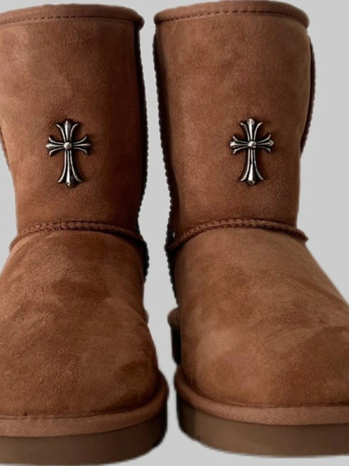2024 Winter Remake Custom Snow Boots with Integrated Leather and Fur, Unisex Mid-Calf Boots, Cross-Patterned Cotton Shoes
