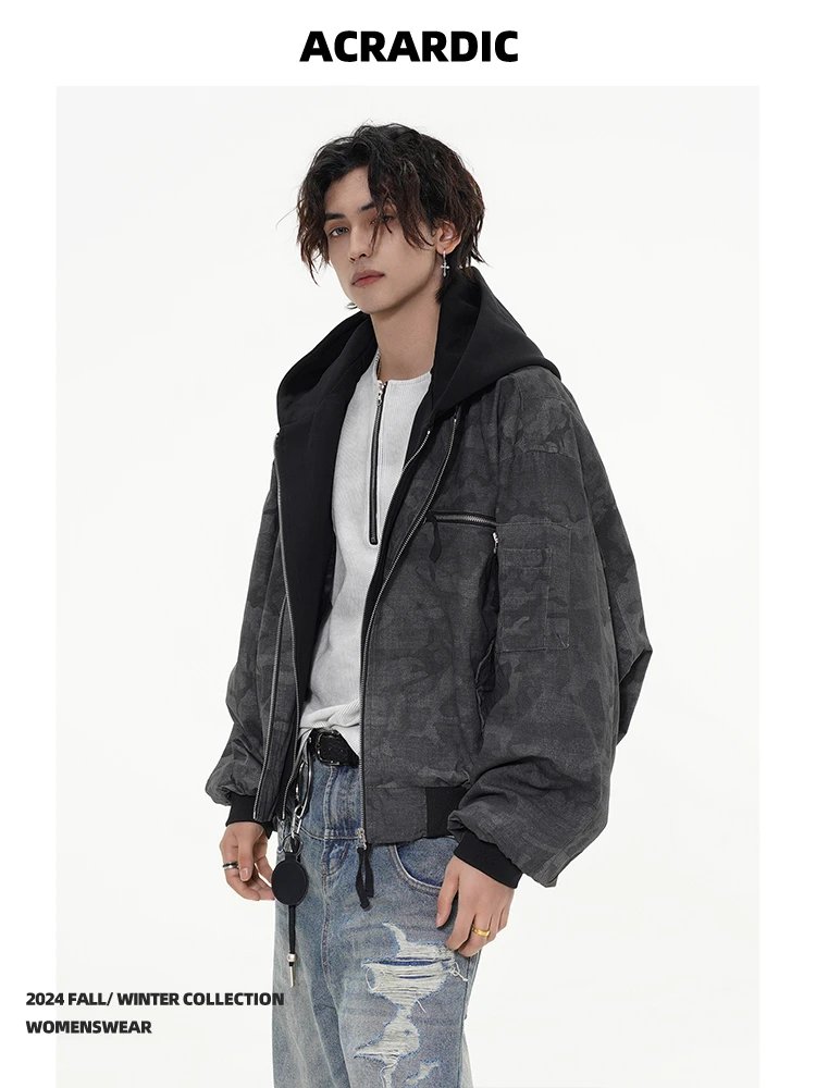 Acrardic2025 American High Street Fake Two-Piece Jacket Men's Washed Loose Hooded Ma1 Camouflage Flight Jacket