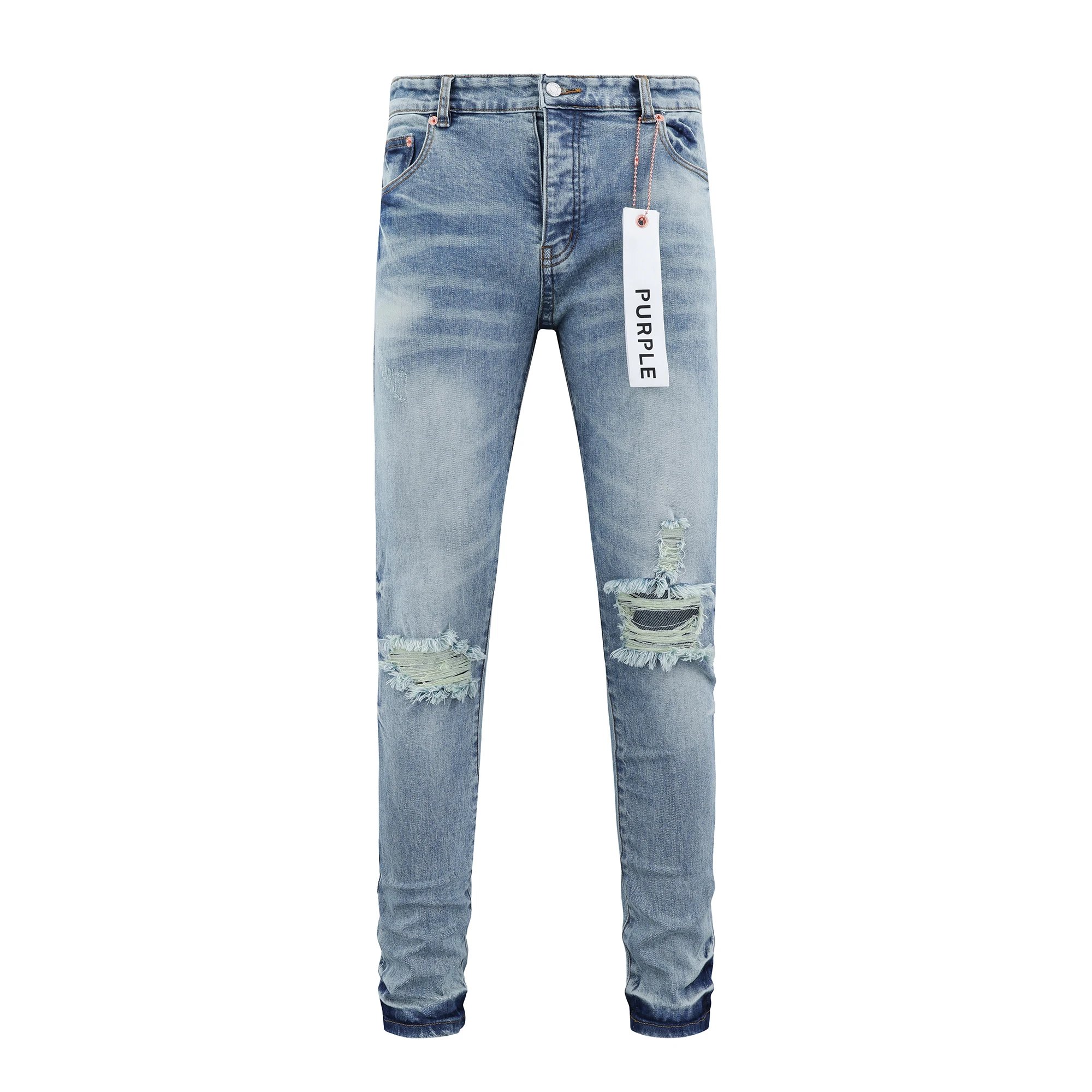 Purple Denim Jeans Light Blue Distressed Slim Fit