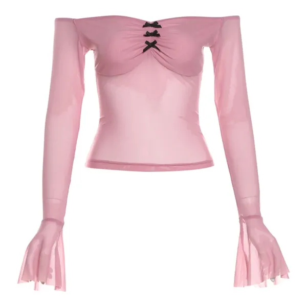 Design Sheer Mesh Off-Shoulder Top with Bow Detail in Pink Tops - 1