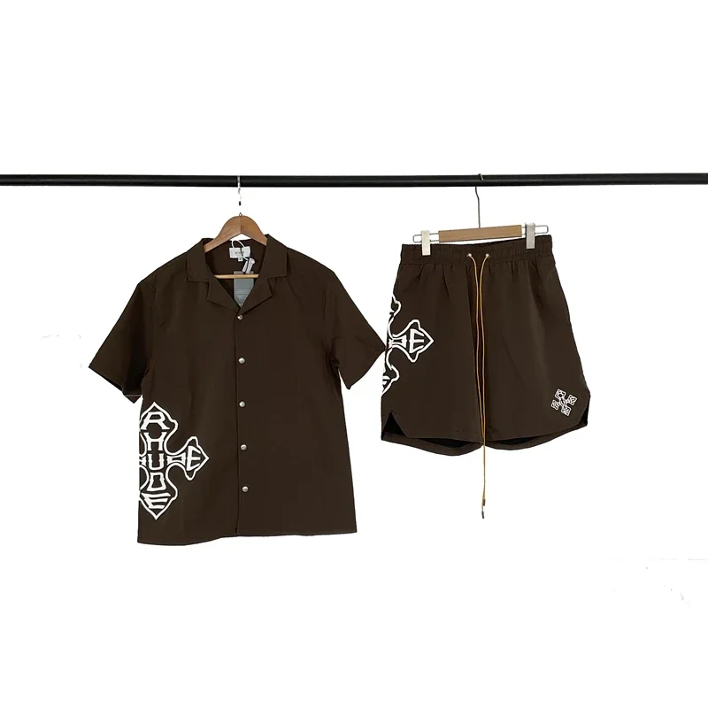 Rhude Brown Cross Logo Camp Collar Shirt & Shorts Set