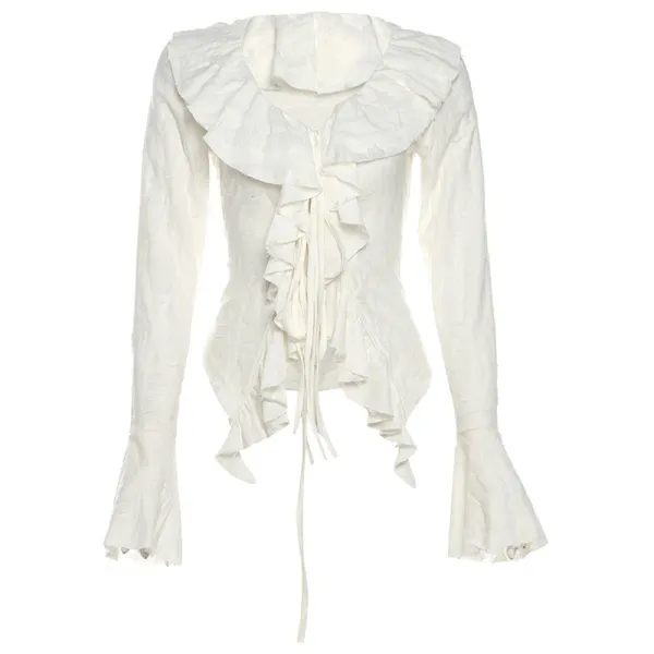 Design Ruffled Collar Asymmetrical Blouse White Tops - 1