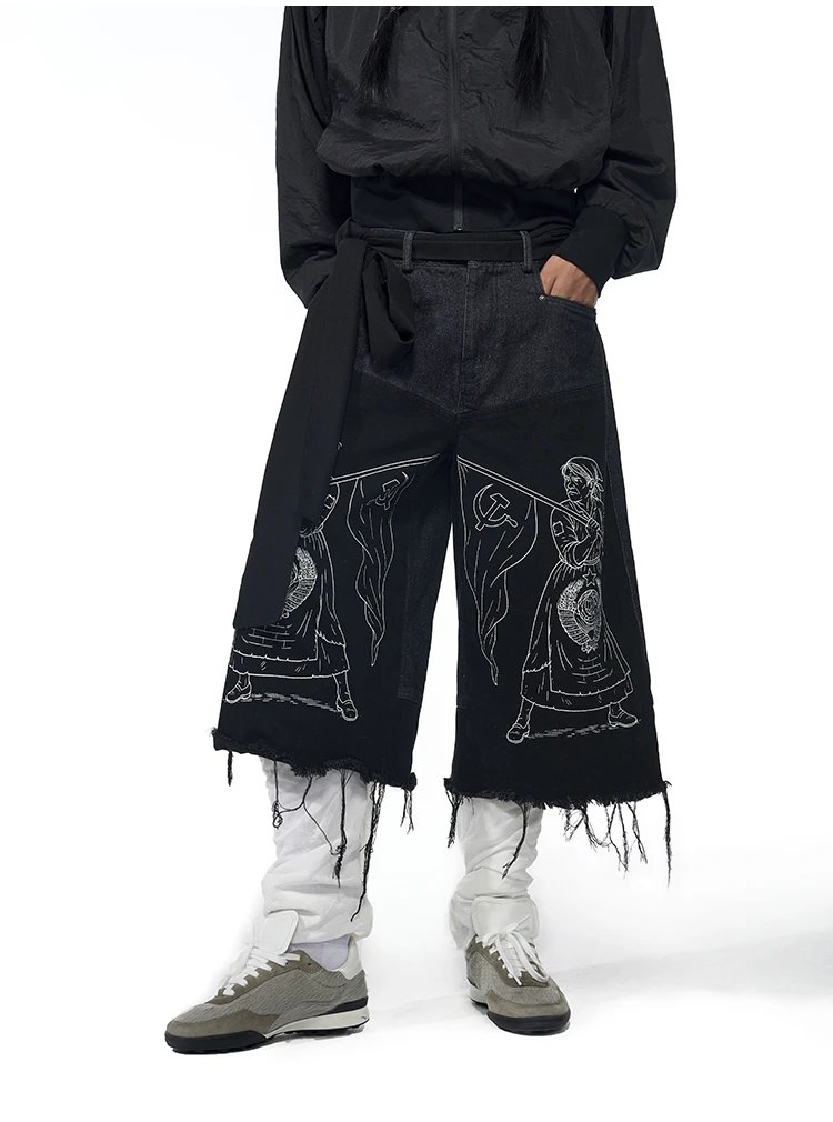 Design Fourth3ex Soviet Propaganda Print Wide-Leg Denim Pants Black Jeans - 6