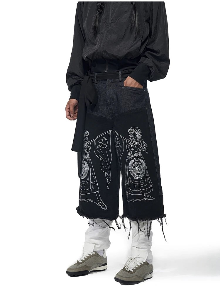 Design Fourth3ex Soviet Propaganda Print Wide-Leg Denim Pants Black Jeans - 8