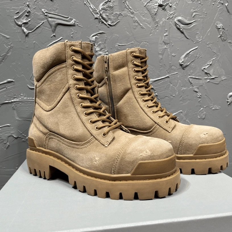 Design Combat Boots Beige Canvas Chunky Sole Boots