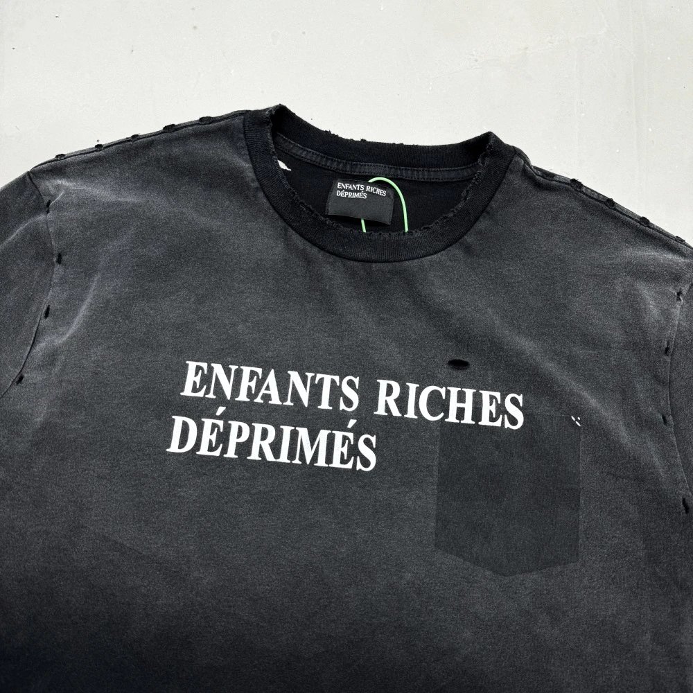 Erd Melancholic Rich Second-Generation Shadow Pocket Letter Print Logo Loose Distressed Handmade Ripped Long-Sleeve T-Shirt Trendy