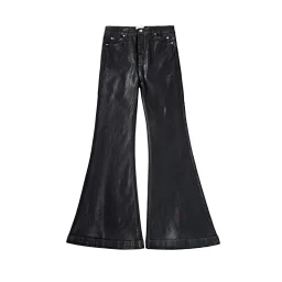 thumbnail for Ro Style Niche style Trendy Dark High Street Coated Pure Black High Elastic Ribbon Denim Wide Leg Micro-Flared Pants for Me