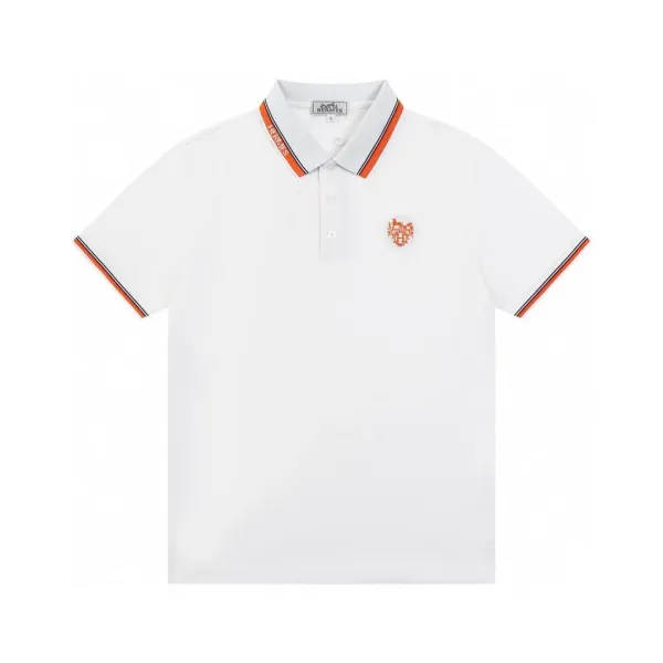 Hermès Logo-Embroidered White Polo with Orange Trim - 1