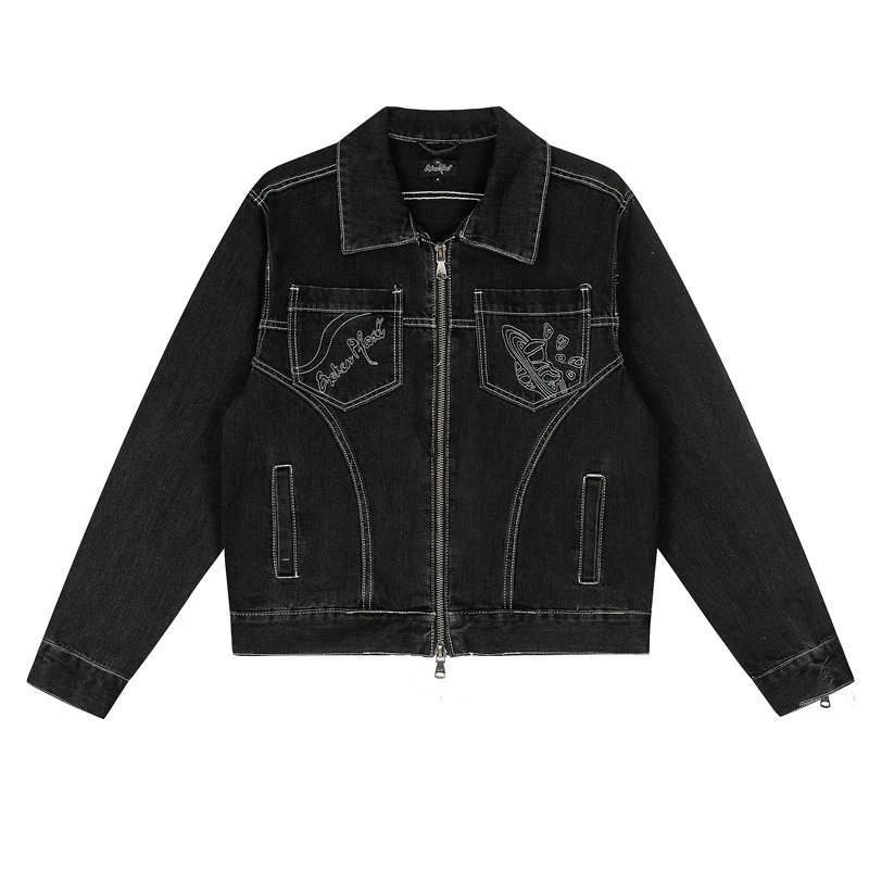 Broken Planet Embroidered Logo High Street Trendy Casual Denim Jacket and Straight-Leg Jeans Set