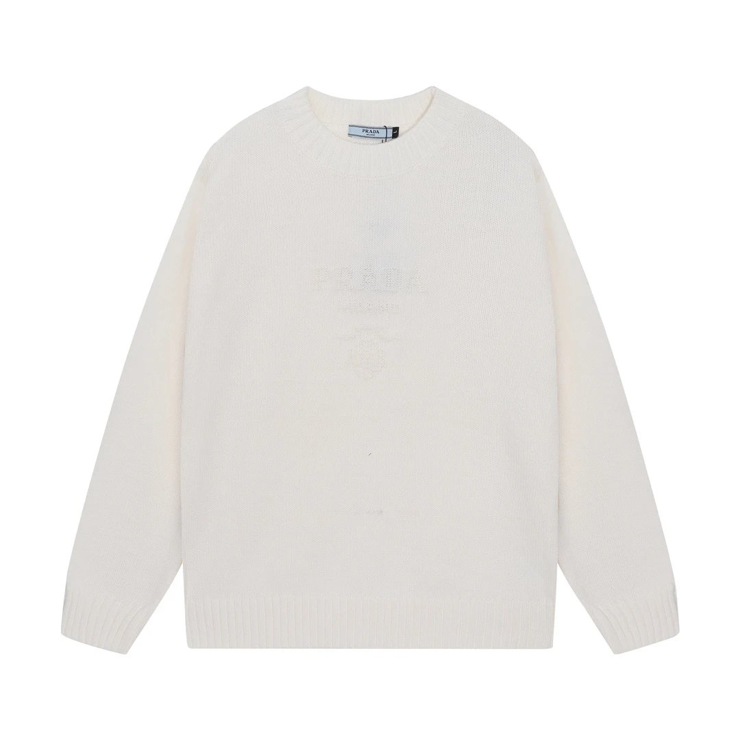 Prada Logo Knit Sweater Beige with Burgundy Trim - 3