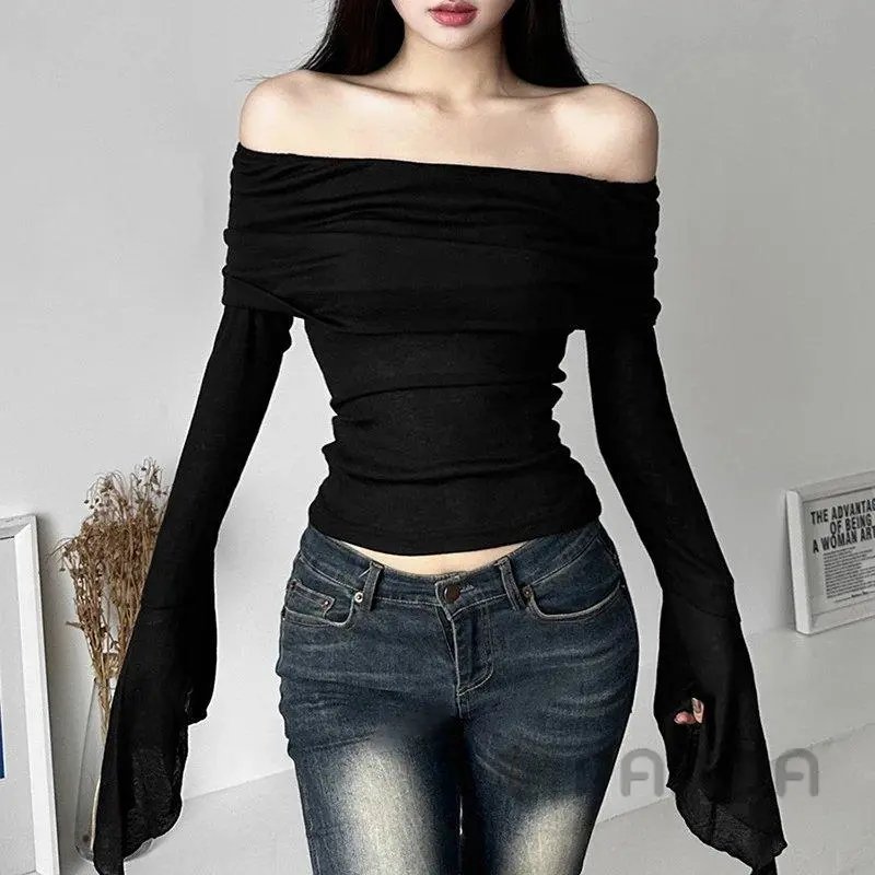 Design Off-Shoulder Ruched Sleeve Crop Top Black - 12