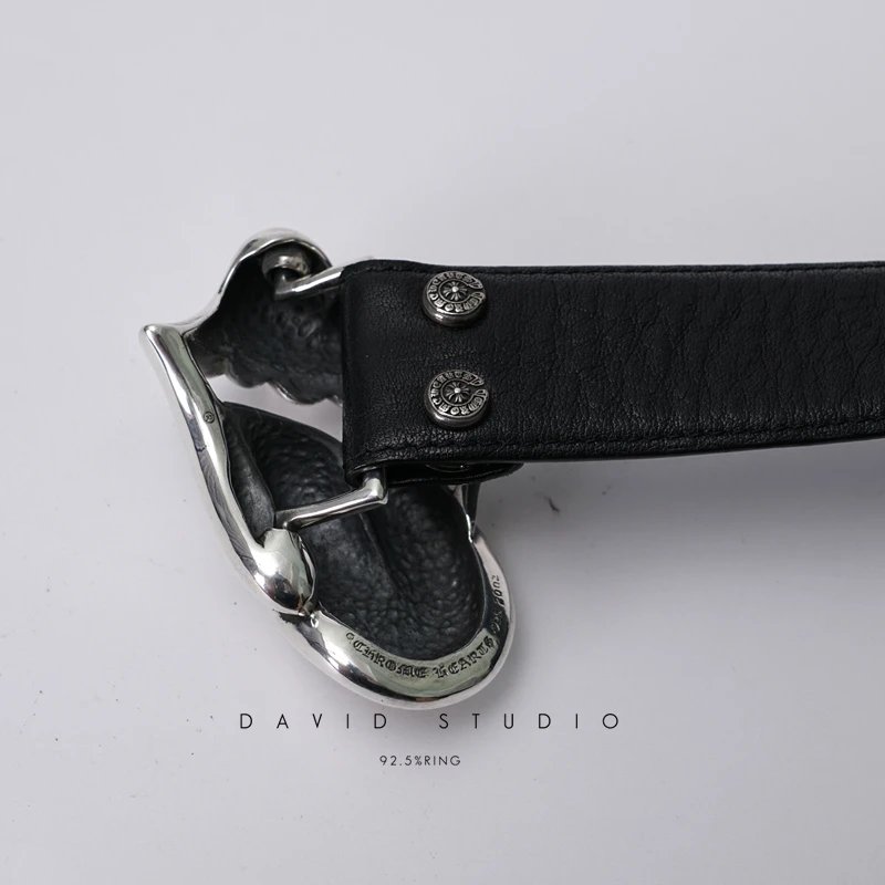 Design David Studio Sculptural Silver Buckle Black Leather Belt Belts - 2