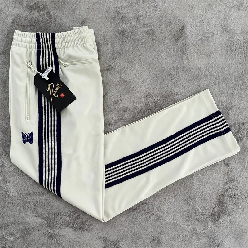 Needles White Track Pants with Navy Stripes