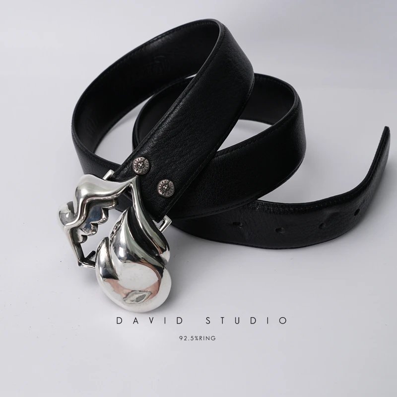 Design David Studio Sculptural Silver Buckle Black Leather Belt Belts
