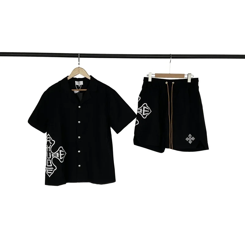 Rhude American-Style Cross-Embroidered Casual Short-Sleeve Shirt & Shorts Set