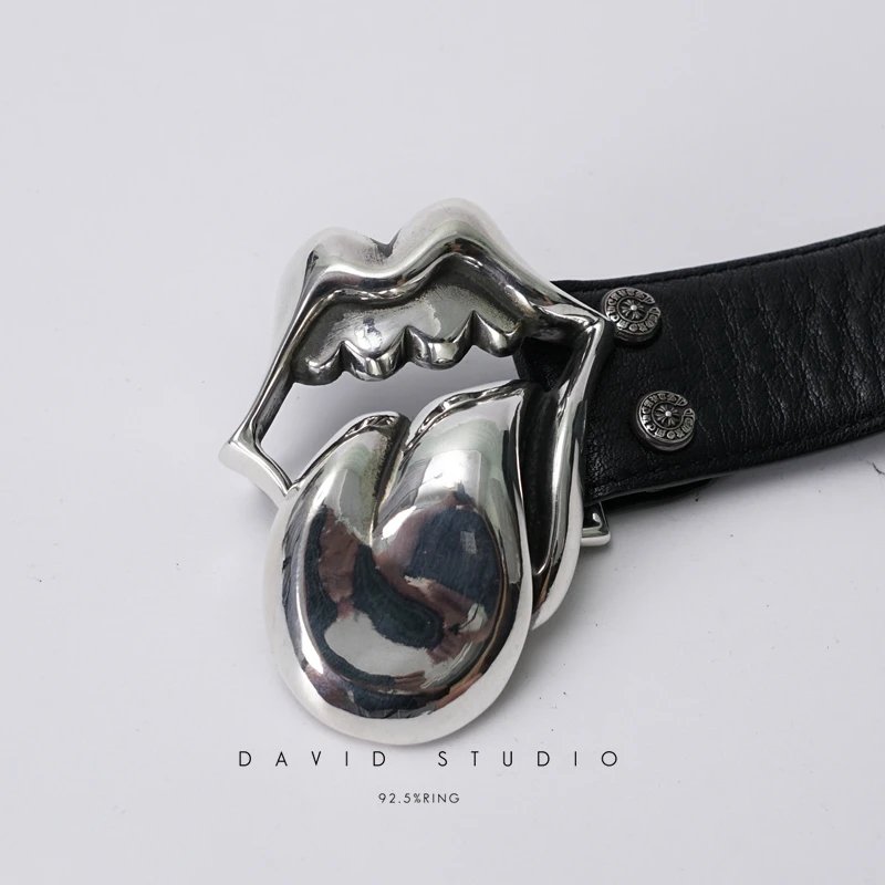Design David Studio Sculptural Silver Buckle Black Leather Belt Belts - 3