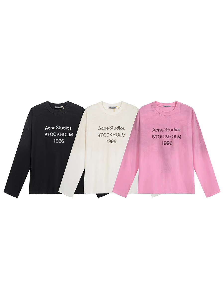 Trendy Brand AC1996 Washed and Abraded Old Letter Print High Street Long Sleeve Loose Men's and Women's Couple's Cross-border T-shirt