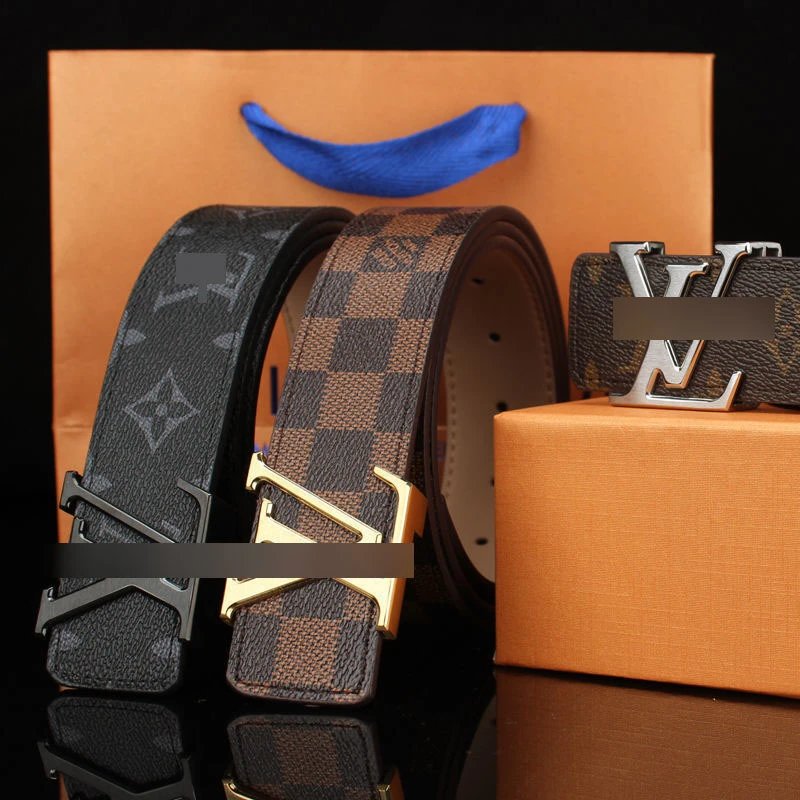Men's leather belt with printed letters and V-buckles, classic trend, casual plaid, versatile jeans, business cross-border batch