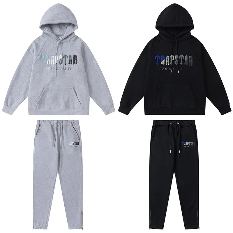 Trapstar Blue and White Towel Embroidered Fleecelined Sweatshirt Pants Winter Hooded pullover Casual Sports Outwear for Men and Women 3