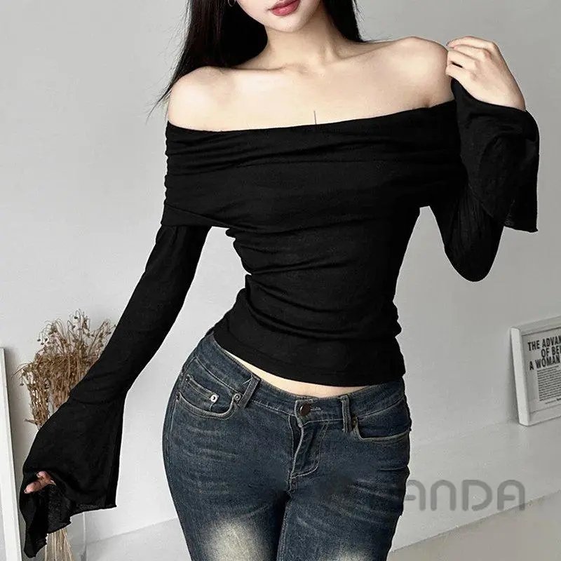 Design Off-Shoulder Ruched Sleeve Crop Top Black - 13