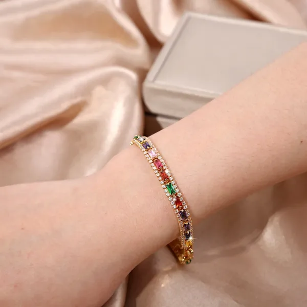 Design Rainbow Crystal Tennis Bracelet Gold-Tone Multicolor Bracelet Jewelry - 1