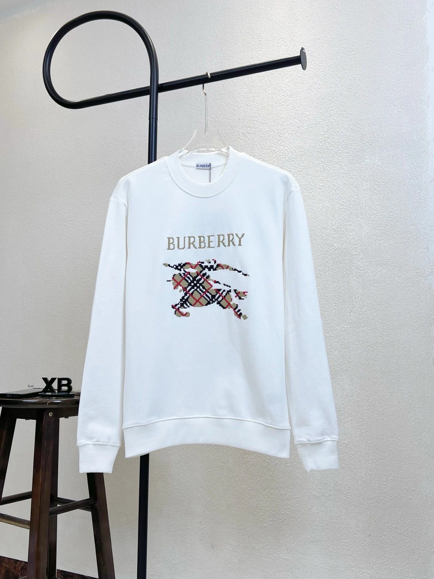 Burberry Equestrian Knight Embroidered Sweatshirt White with Vintage Check Cuffs Sweater - 10