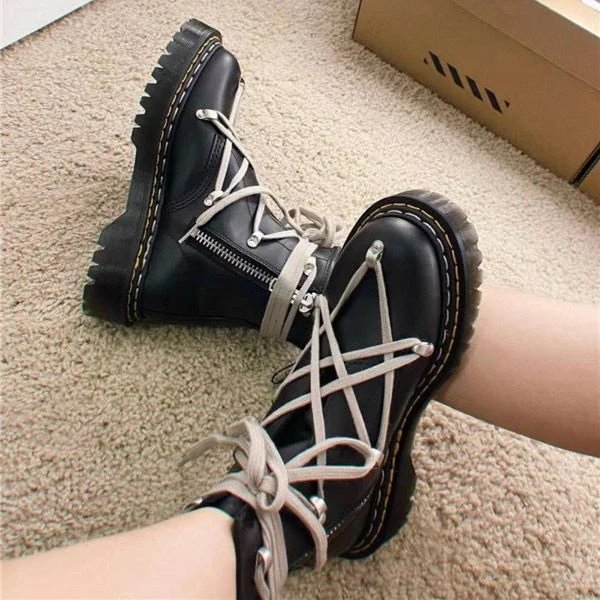 Design Lace-Up Combat Boots Black with Beige Laces Martin Boots - 3
