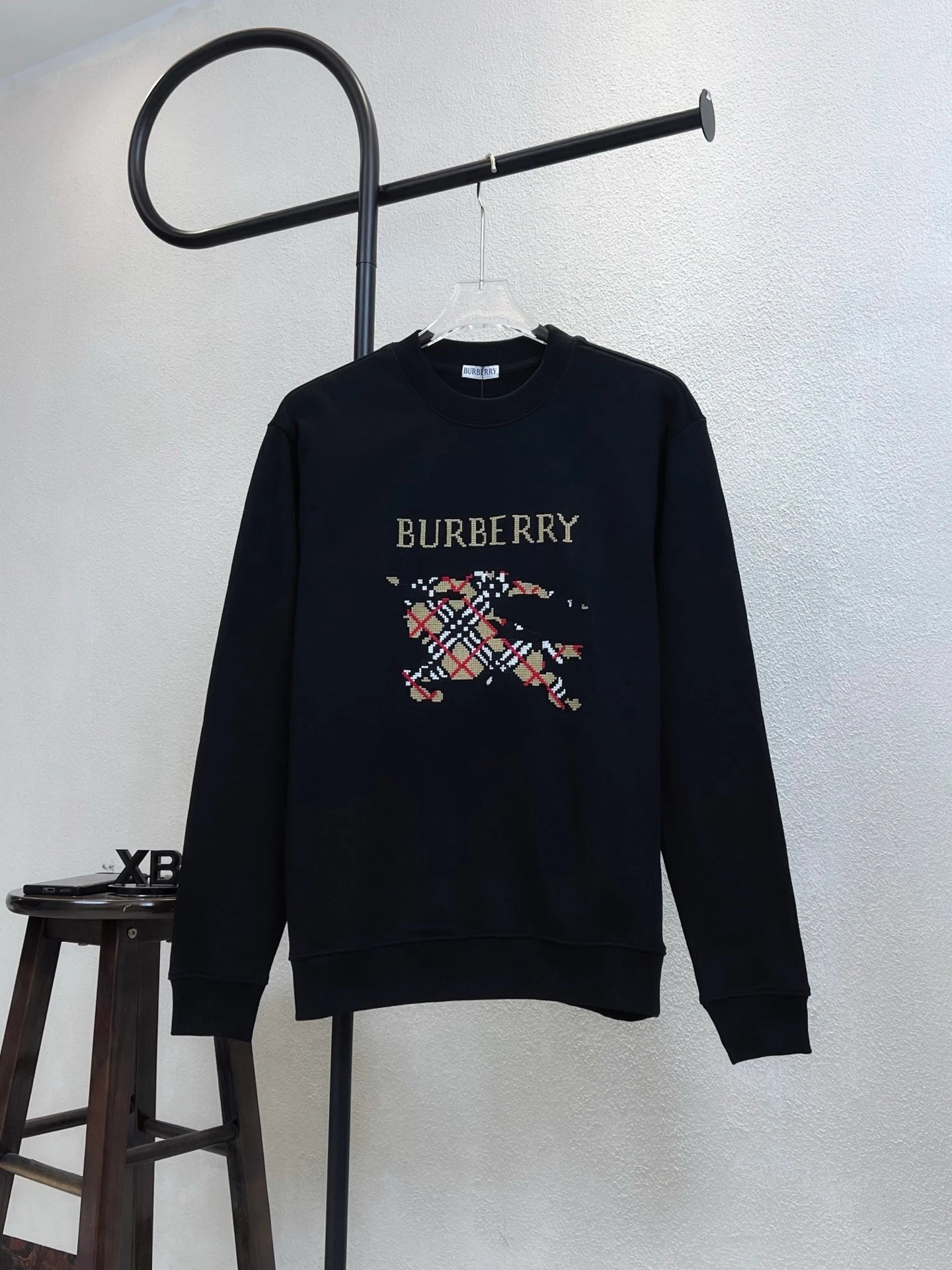 Burberry Equestrian Knight Embroidered Sweatshirt White with Vintage Check Cuffs Sweater - 12