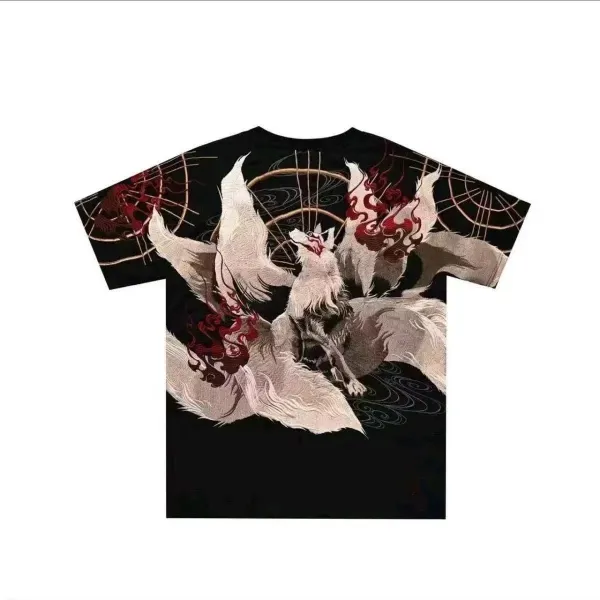 Design Nine-Tailed Fox Embroidered Graphic T-Shirt White - 2