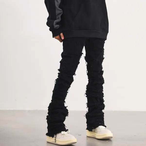 Design Distressed Ripped Black Jeans with Layered Frayed Cuffs - 1