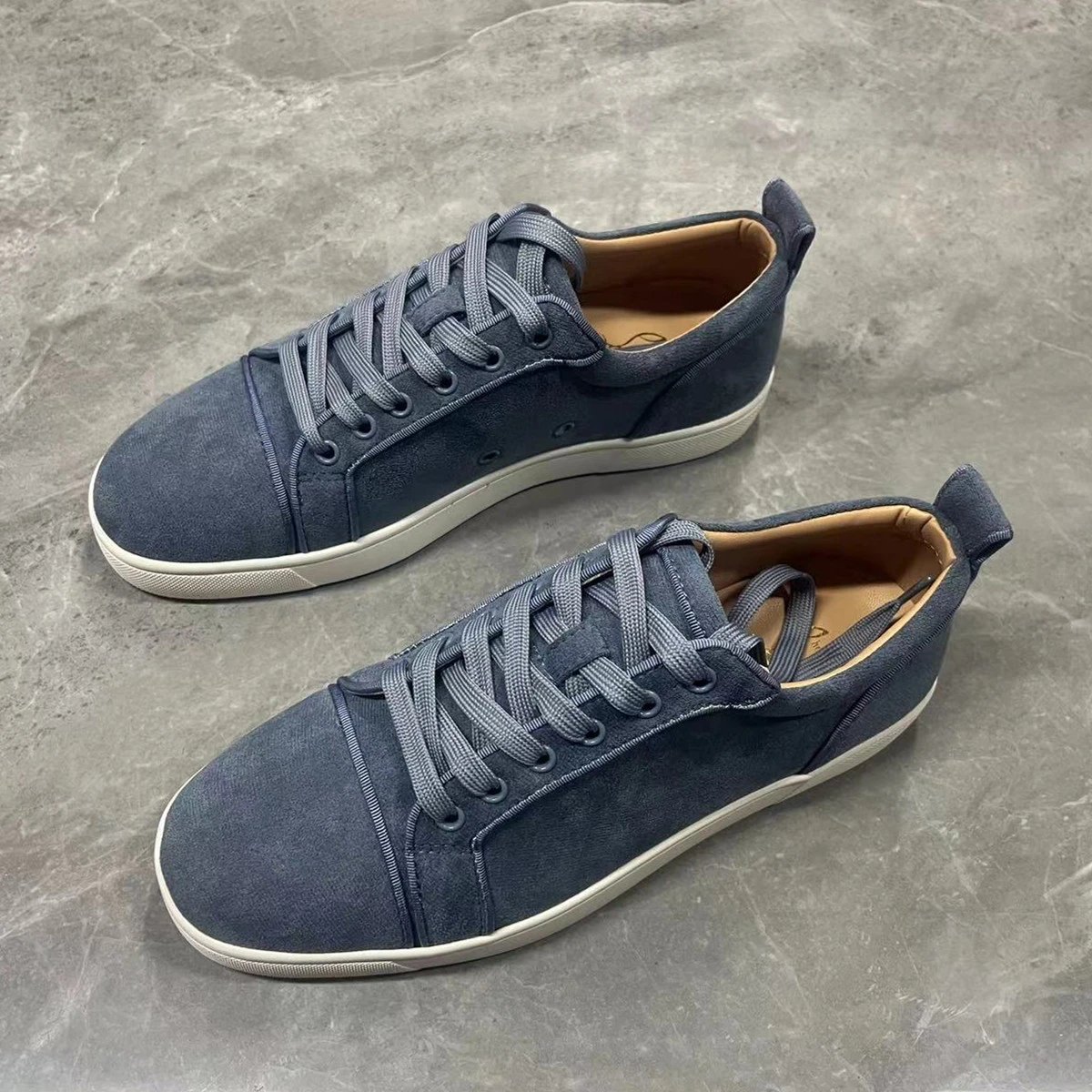 Suede Low-Top Lace-Up Sneakers in Navy Blue