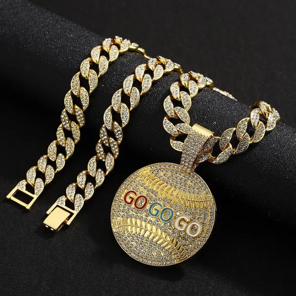 Design Baseball 'GO GO GO' Iced Out Pendant Necklace and Bracelet Set Gold Jewelry - 1