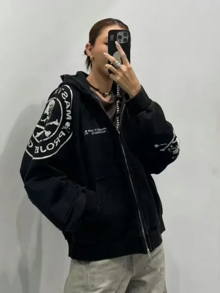 Design Project MasteRm Skull Print Zip-Up Hoodie Black Hoodie - 4