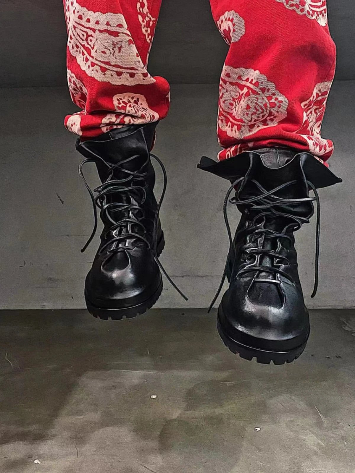 Design Military-Style Combat Boots Black with Red Bandana Pants - 2