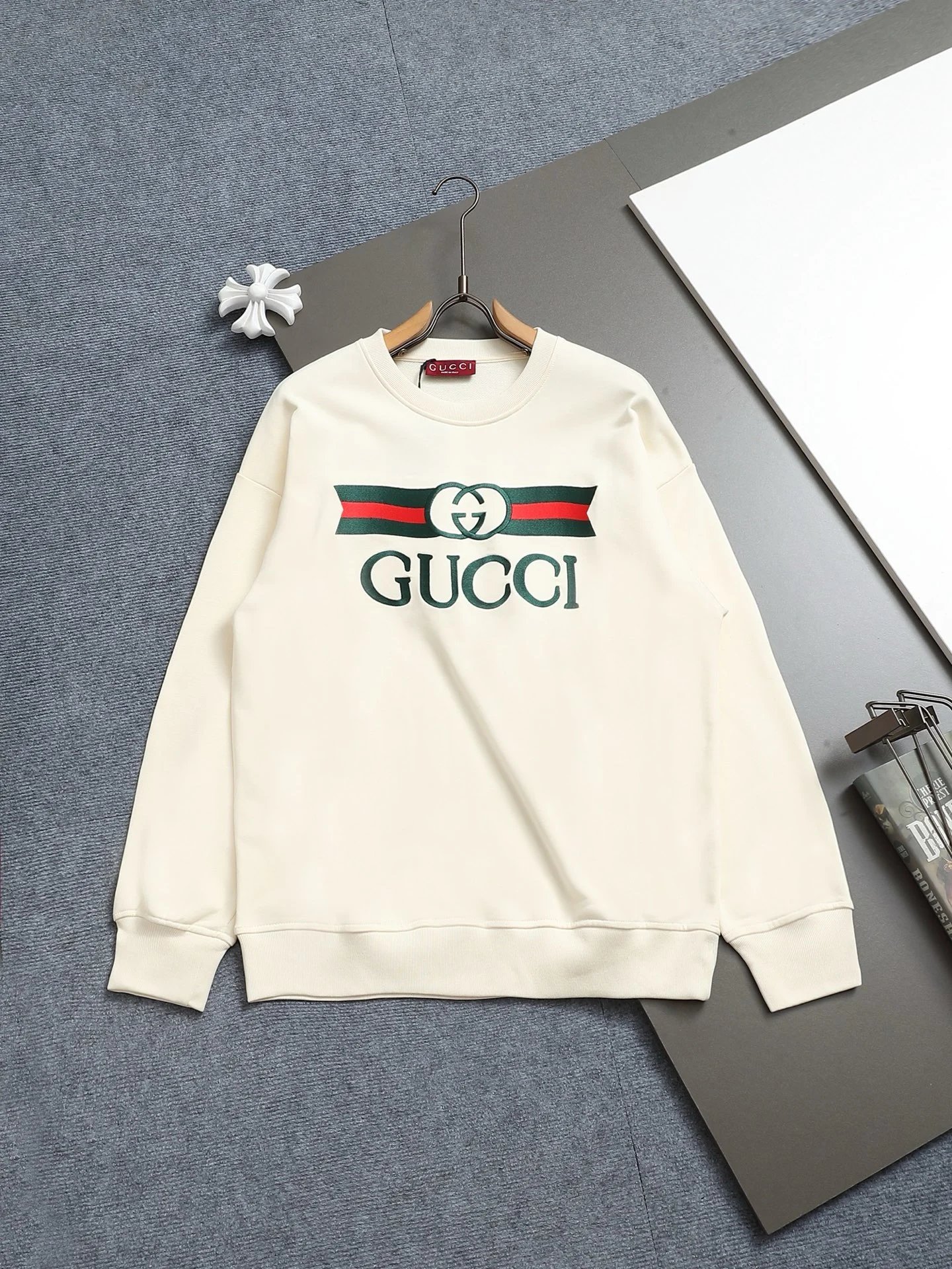 Gucci Web Stripe Logo Crewneck Sweatshirt Beige Hoodie - 1