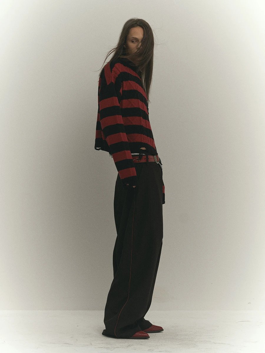 4Tra Grunge Red And Black Striped Medal Sweater Loose · 3