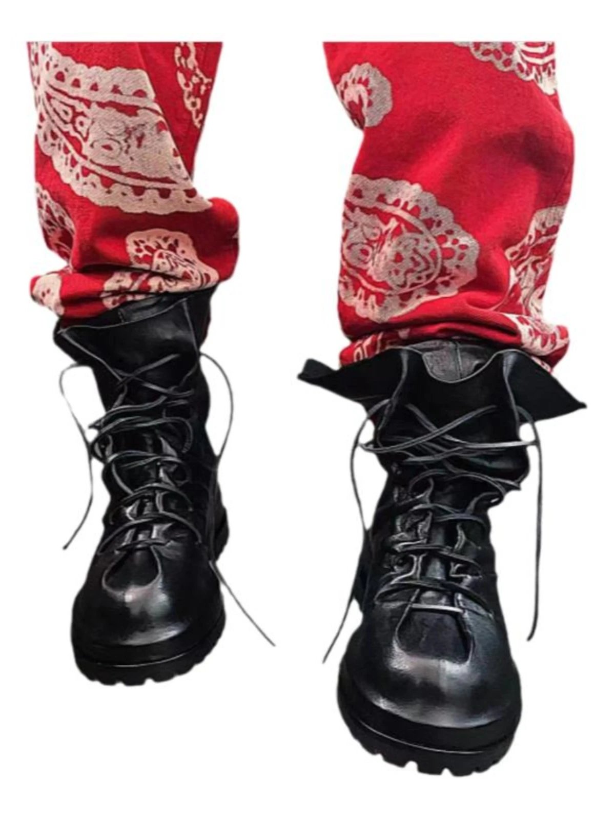 Design Military-Style Combat Boots Black with Red Bandana Pants - 5