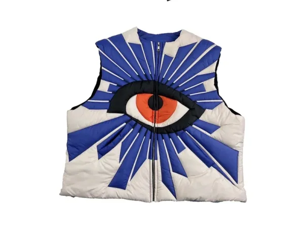 Design Eye Motif Puffer Vest White Blue Multicolor - 1
