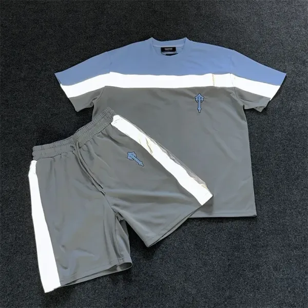Travis Scott x Cactus Jack Grey and Light Blue Reflective Stripe T-Shirt and Shorts Set - 1