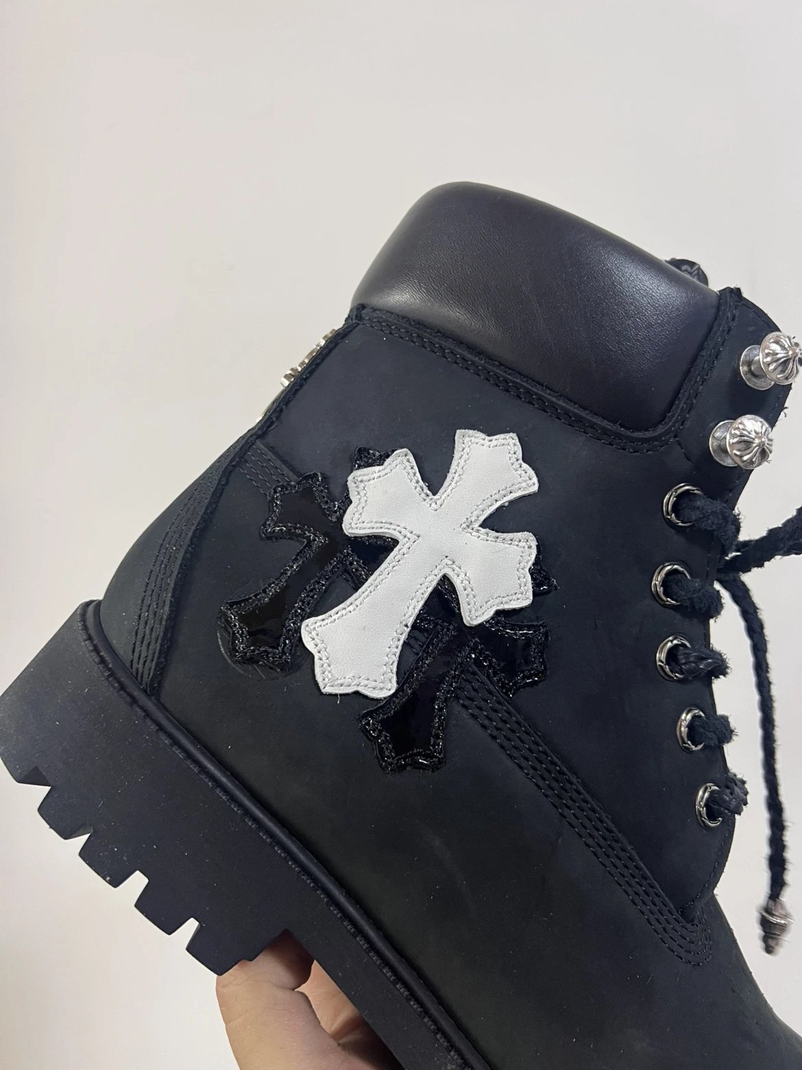 Chrome Hearts Cross Patch Black Leather Combat Boots
