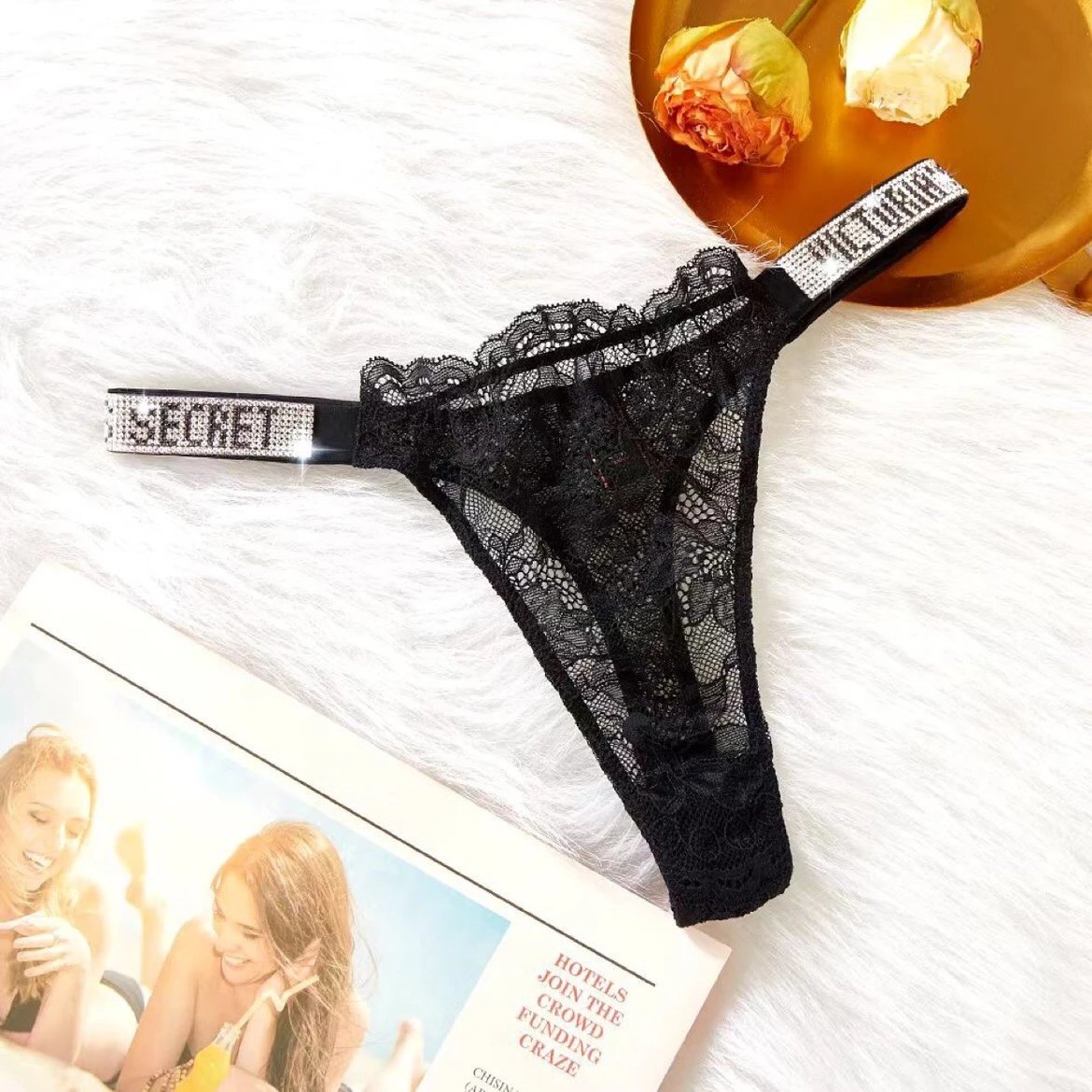 Classic High-Waisted Rhinestone Lace Thong Panties, Popular Online, Exposed Waist, Victoria's Secret Style