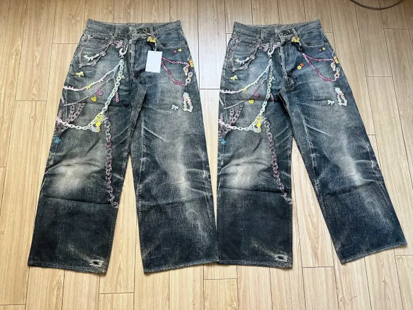 Design Custom Chain-Embellished Distressed Wide-Leg Jeans - 1