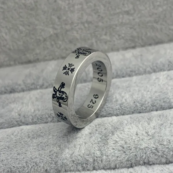 Design Engraved Skull & Flower Ring Silver - 1