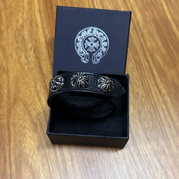 Chrome Hearts Floral Stud Leather Cuff Bracelet Black Jewelry - 4