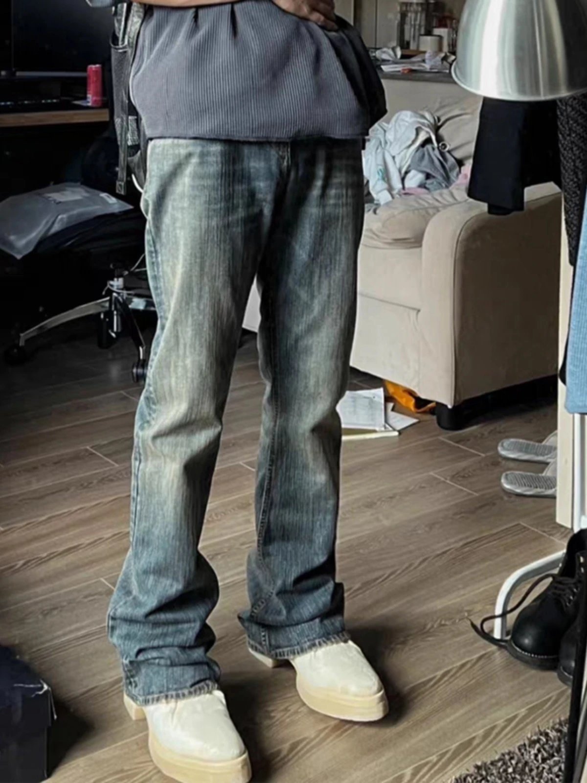 Washed Mud-Dyed Old Bootcut Bamboo Pattern Bootcut Jeans Men's American High Street Retro Casual Pants Versatile
