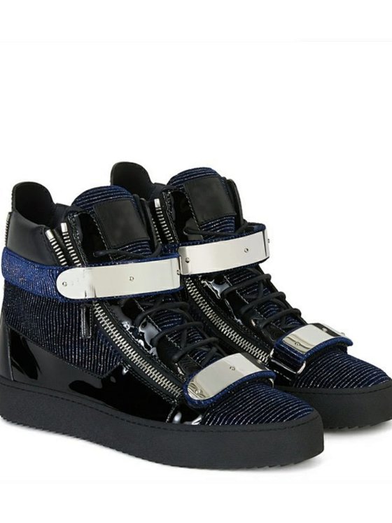 Spring and Autumn Agz European and American Style Unisex Black Genuine Leather Patent Leather High-Top Zippered Metal Double Buckle Flat Sneakers Trendy